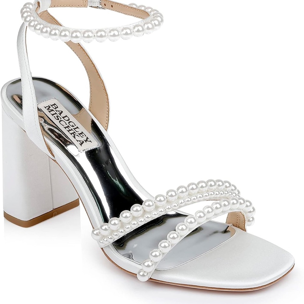 Badgley Mischka White Heels with Pearl Embellishments